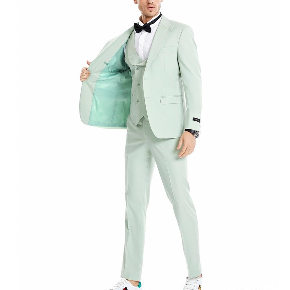 Mint Peak lapel Double Breasted Vest 3 Piece Tazzio Skinny Fit Men's Suit